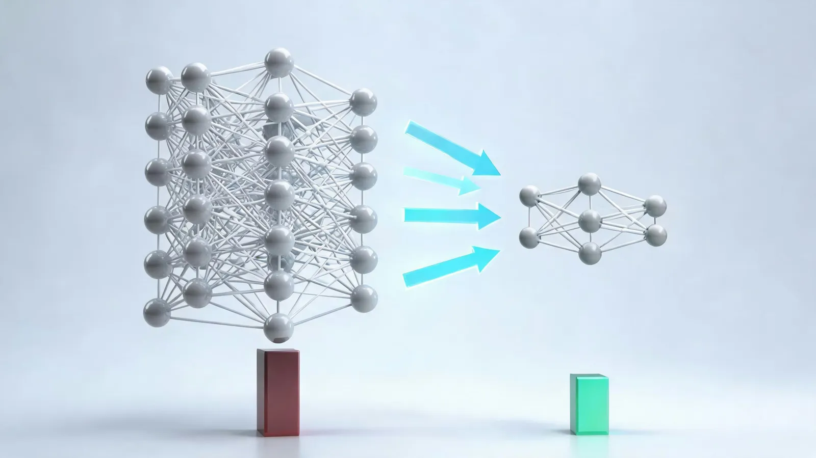 3D diagram showing a large neural network model being distilled into a smaller, compact model, with arrows indicating knowledge transfer and a bar chart comparing energy consumption.