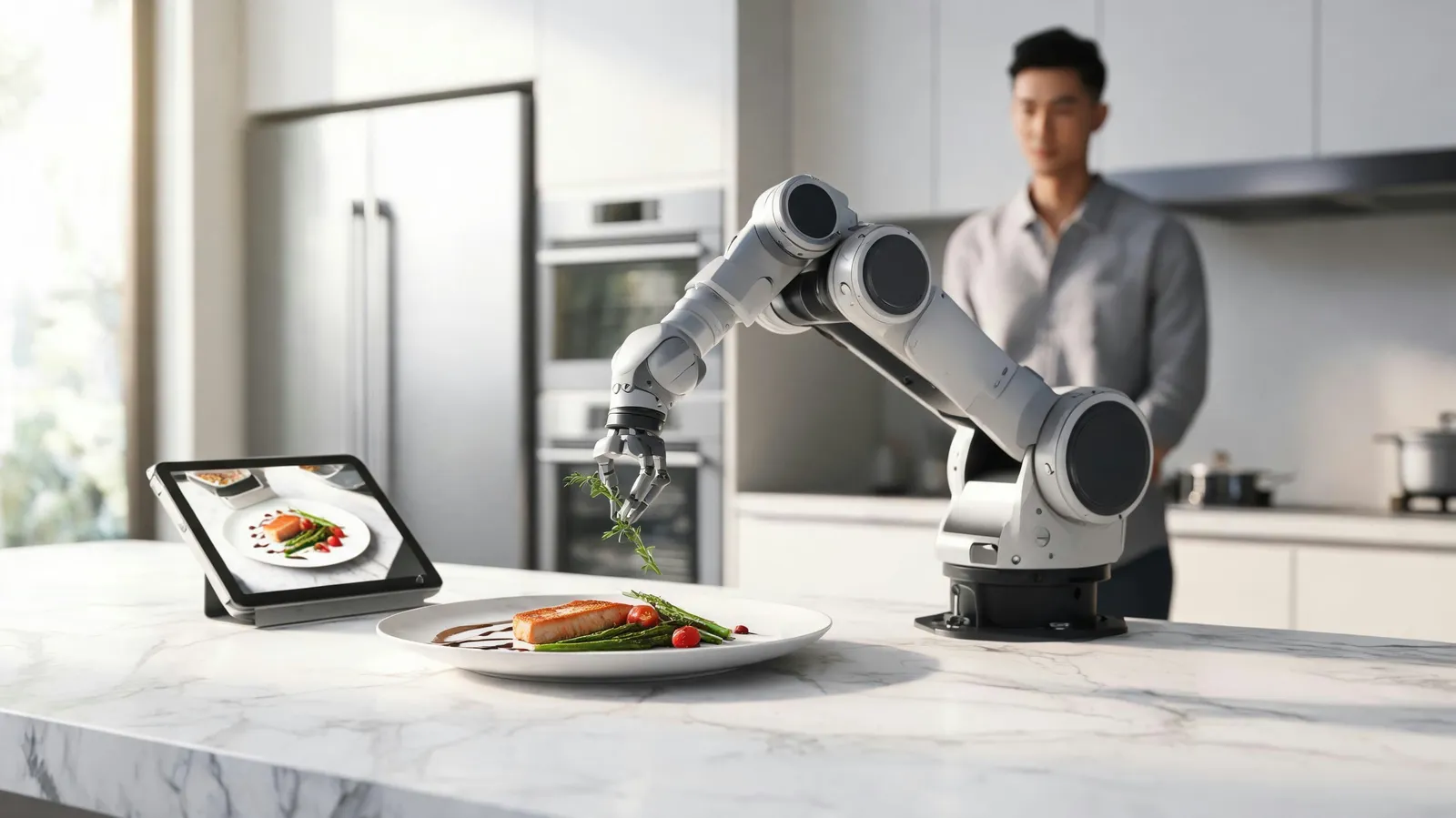 Robotic arm plating gourmet dish