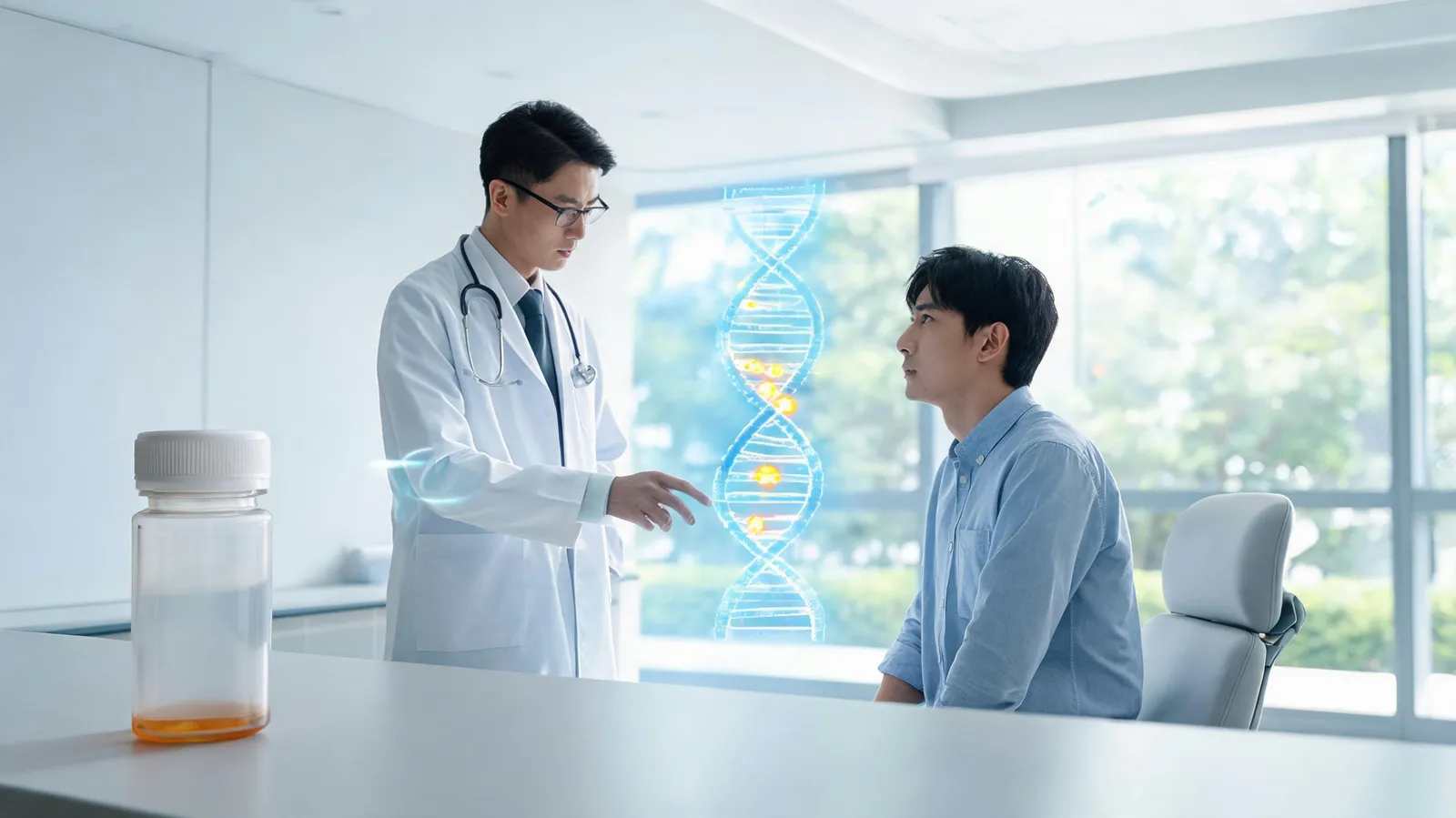 Doctor and patient reviewing DNA sequence