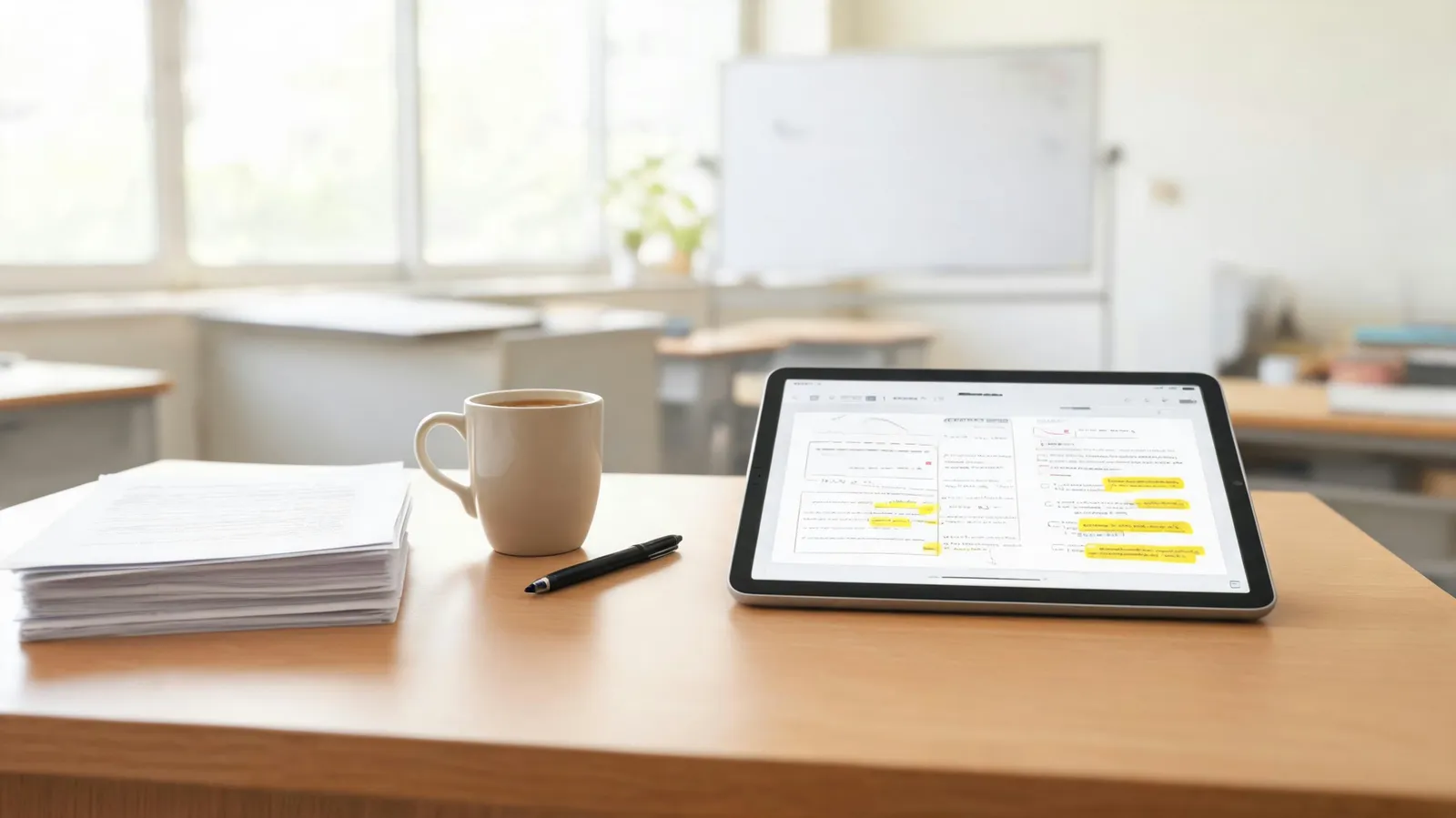 Teacher's desk with stack of papers and tablet showing AI grading interface