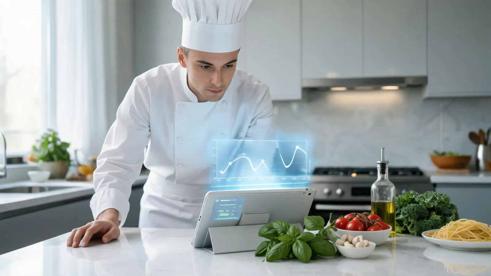 Chef using AI interface in kitchen